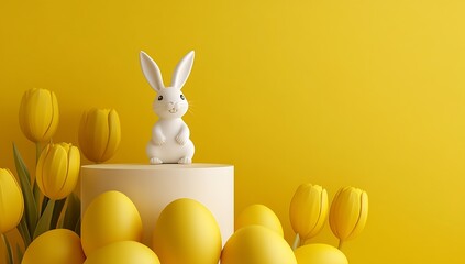 Poster - Adorable white bunny figurine surrounded by yellow eggs and vibrant tulips on a cheerful yellow background : Generative AI