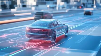 Poster - A 3D simulation of an autonomous vehicle's digital twin navigating various virtual scenarios, emphasizing advanced technology in the automotive industry