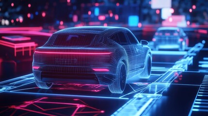 Poster - A 3D simulation of an autonomous vehicle's digital twin navigating various virtual scenarios, emphasizing advanced technology in the automotive industry
