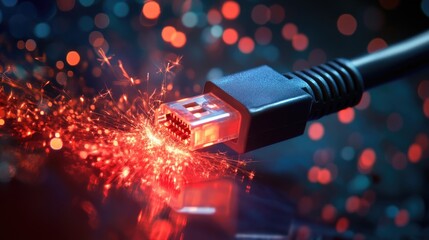 Poster - A glowing Ethernet cable with sparks of red light, representing the danger of unauthorized access in network systems, set in a dark and ominous digital environment