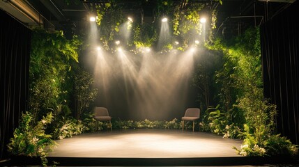 Poster - A simple and elegant stage with soft lighting and surrounding greenery, perfect for intimate performances, speeches, or presentations