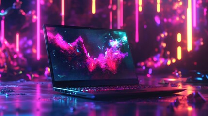 Poster - A sleek laptop with a neon-colored low-poly crystal display on the screen, surrounded by futuristic neon patterns and glowing colors