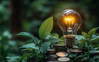 Poster - Symbolic representation of innovation with a glowing light bulb on coins, wrapped in green leaves, showcasing investment growth, creativity, and nature s balance