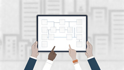 Screenshot brainstorming session concept concept Hands pointing at a digital screen showing a layout against a blurred city background.