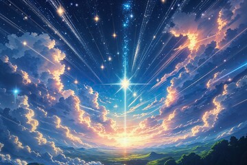 Wall Mural - surreal anime background with dreamlike skies sparkling star trails and glowing meteorites