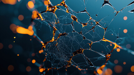 A close-up view of a delicate web structure illuminated by glowing particles against a dark backdrop, showcasing intricate details and vibrant colors.