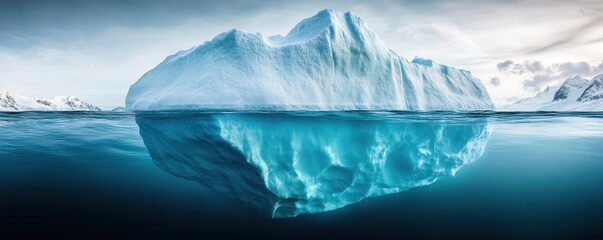 majestic iceberg with its reflection in pristine arctic waters under a cloudy sky.