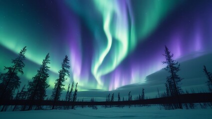 Dazzling Northern Lights Dance Across Snowy Landscape with Vibrant Green and Purple Waves, Showcasing Nature's Ethereal Beauty in an Arctic Winter Scene