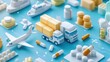 © Chirawan - Pharmaceutical Industry Insights. Global Pharmaceutical Logistics: Miniature Trucks, Airplanes, and Medications on a Blue Background
