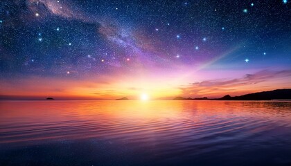 Wall Mural - night clorful sky on sunset at sea water reflection gold sun beam and starry sky star fall flares sun down blue pink orange nature landscape