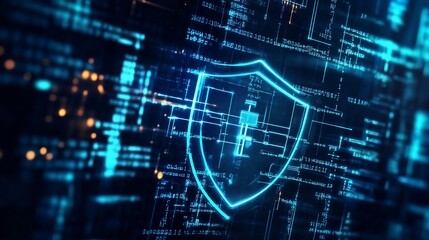 Cybersecurity shield symbol with digital binary code stream background