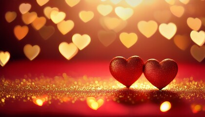 Wall Mural - a beautiful bokeh golden background with two red hearts representing love in honor of saint valentin