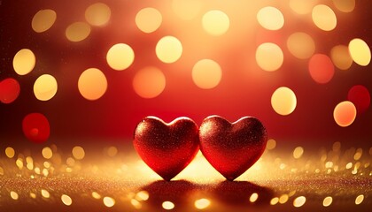 Wall Mural - a beautiful bokeh golden background with two red hearts representing love in honor of saint valentin