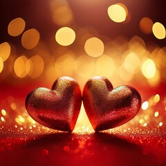 Wall Mural - a beautiful bokeh golden background with two red hearts representing love in honor of saint valentin