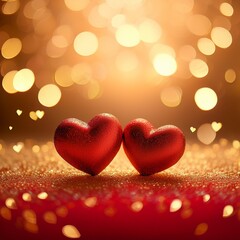 Wall Mural - a beautiful bokeh golden background with two red hearts representing love in honor of saint valentin