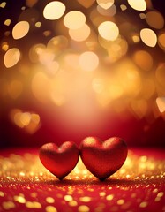 Wall Mural - a beautiful bokeh golden background with two red hearts representing love in honor of saint valentin