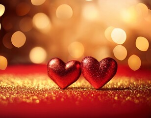 Wall Mural - a beautiful bokeh golden background with two red hearts representing love in honor of saint valentin