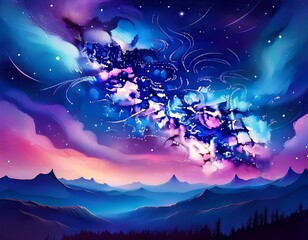Wall Mural - beautiful fantasy starry night sky, blue and purple colorful, galaxy and aurora 4k wallpaper. cosmic