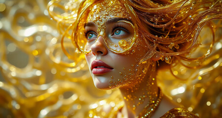 Aufkleber - A woman with golden glitter adorns her face and flowing hair as she looks upwards.  Bright and shimmering with an ethereal quality.