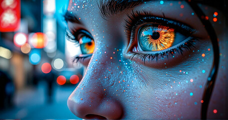 Poster - A striking close-up captures a person's face, emphasizing captivating eyes with orange and blue hues. Glitter dusts the skin, set against a blurred city backdrop with bokeh lights.