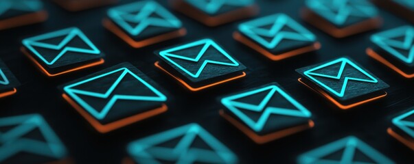 Glowing email icons in futuristic digital design, symbolizing communication and technology
