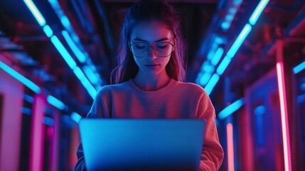Focused female programmer coding on a laptop in a dimly lit room illuminated by futuristic blue neon lights
