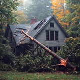 A fallen tree on a house roof symbolizes the aftermath of a natural disaster, storm, highlighting the need for disaster recovery and emergency response.
