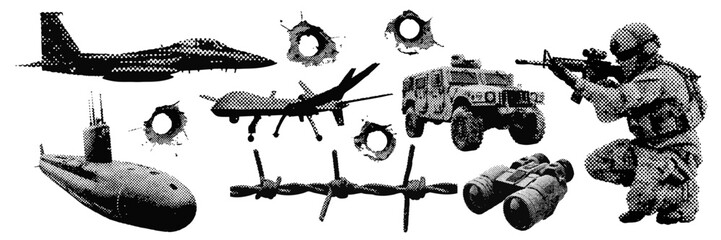 Wall Mural - Set of Military war and army halftone grunge vector design elements