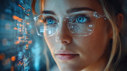 Woman wearing futuristic glasses interacting with digital data