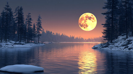 Wall Mural - Serene Lunar Reflection: A captivating dusk scene unfolds as a vibrant full moon casts a warm glow upon a tranquil lake. The surrounding snow-covered landscape is dotted with evergreen trees.