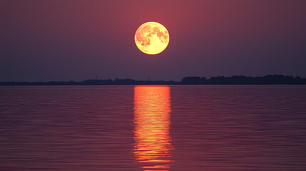 Wall Mural - celestial dance: the moon hangs in the evening sky, casting a warm glow on the water, creating a pic