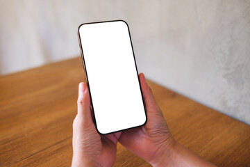 Wall Mural - mockup image of a woman holding black mobile phone with blank desktop screen