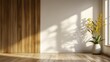 © EUT - Minimalist room interior with wood wall and yellow flowers. Perfect for design blogs, home decor, and real estate websites.