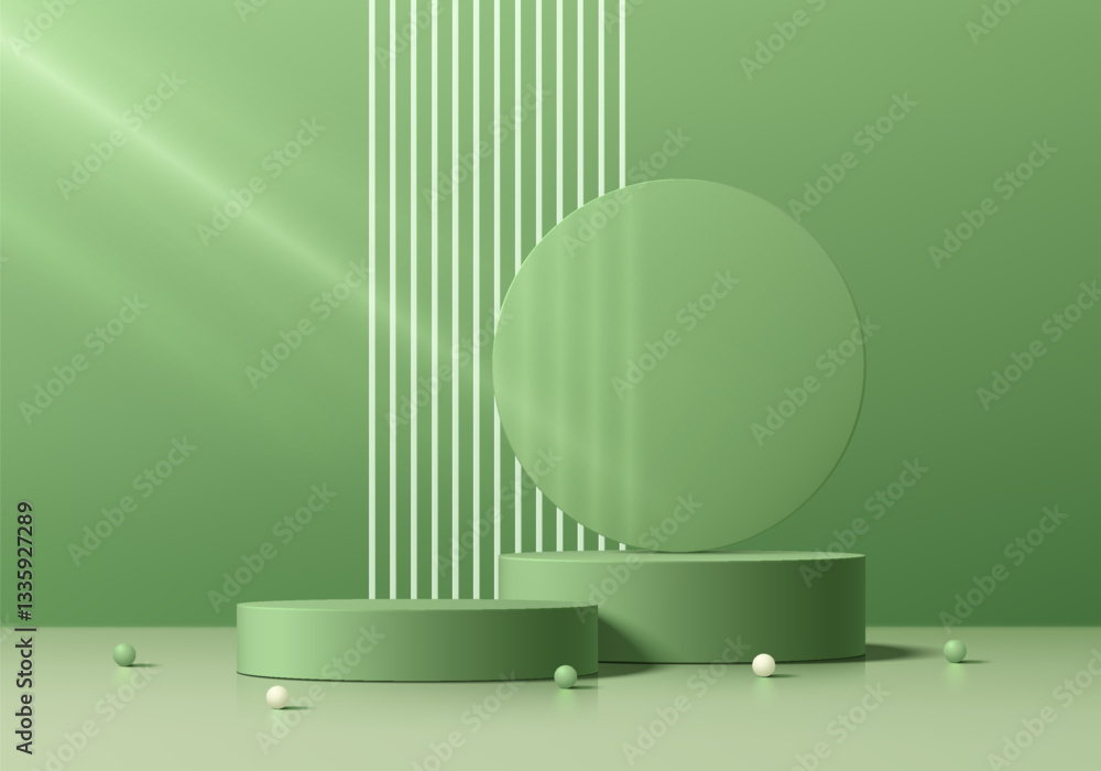 3D green cylindrical podium background with round glass, Vertical ...