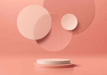Sticker - 3d coral red cylindrical pedestal podium background with floating overlap circles wall scene. minima