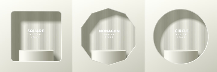Sticker - set of white cream 3d cylindrical pedestal podium in square, nonagon and circle window on clean wall