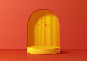 Sticker - red 3d cylindrical podium background with yellow curtain in arch gate. minimalist studio mockup pede