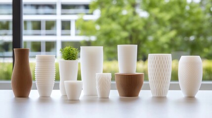 Aufkleber - Collection of Elegant Vases on Table, Modern Decorative Accents, Interior Design, Artistic Display, Contemporary Living, Background of Green Trees