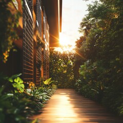 Poster - Serene tropical retreat showcasing lush greenery and inviting pathway illuminated by the warm golden sunlight