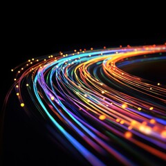 Poster - Abstract glowing strands on dark backdrop vibrant data stream light trails modern communication technology background perspective