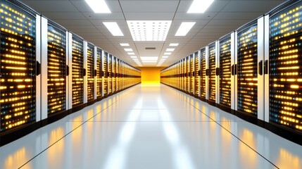 Fototapete - Futuristic Data Center Room Hosting Powerful Server Racks Illuminated by Bright Lights for Digital Solutions