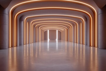 Fototapete - Perspective of endless illuminated corridor with rhythmic pillars and glowing light in a modern building