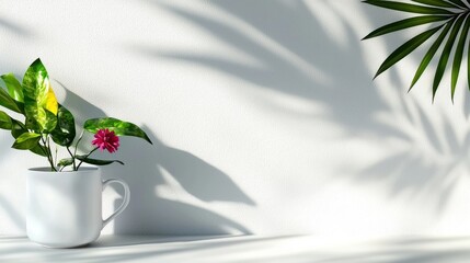 Poster - Serene floral cup bright minimalist background tropical leaf shadow delicate blossom vivid hue freshness botanical calmness artful simplicity indoor plant