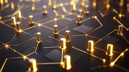 Poster - Neural network of gold connections on a dark surface with golden points abstract future system