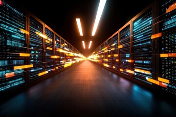 Fototapete - Data center server room with glowing lights and network activity for cybersecurity or big data storage