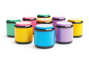 Poster - Vivid assortment of pastel colored containers in a white studio setting with soft lighting and creative design