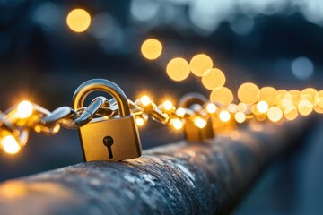 Fototapete - Security concept padlock on a chain with bokeh light background safety confidential data access