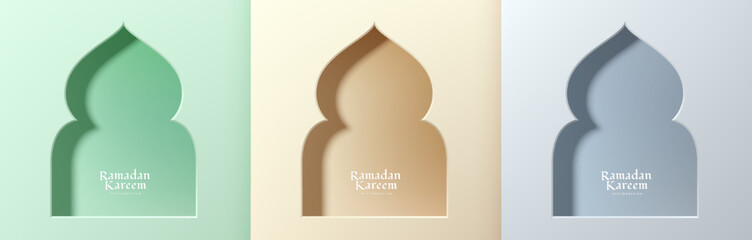 Sticker - set of ramadan kareem 3d background with gate mosque shape and soft green, blue and biege color. mos