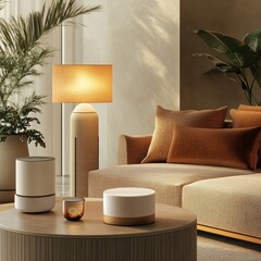 Poster - Cozy Living Room Interior with Accent Lighting and Natural Elements for Serene Home Atmosphere