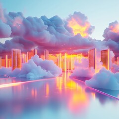 Poster - Ethereal Cityscape in Clouds Reflective Surface with Glowing Architecture and Sunset Tones Dreamlike Futurism